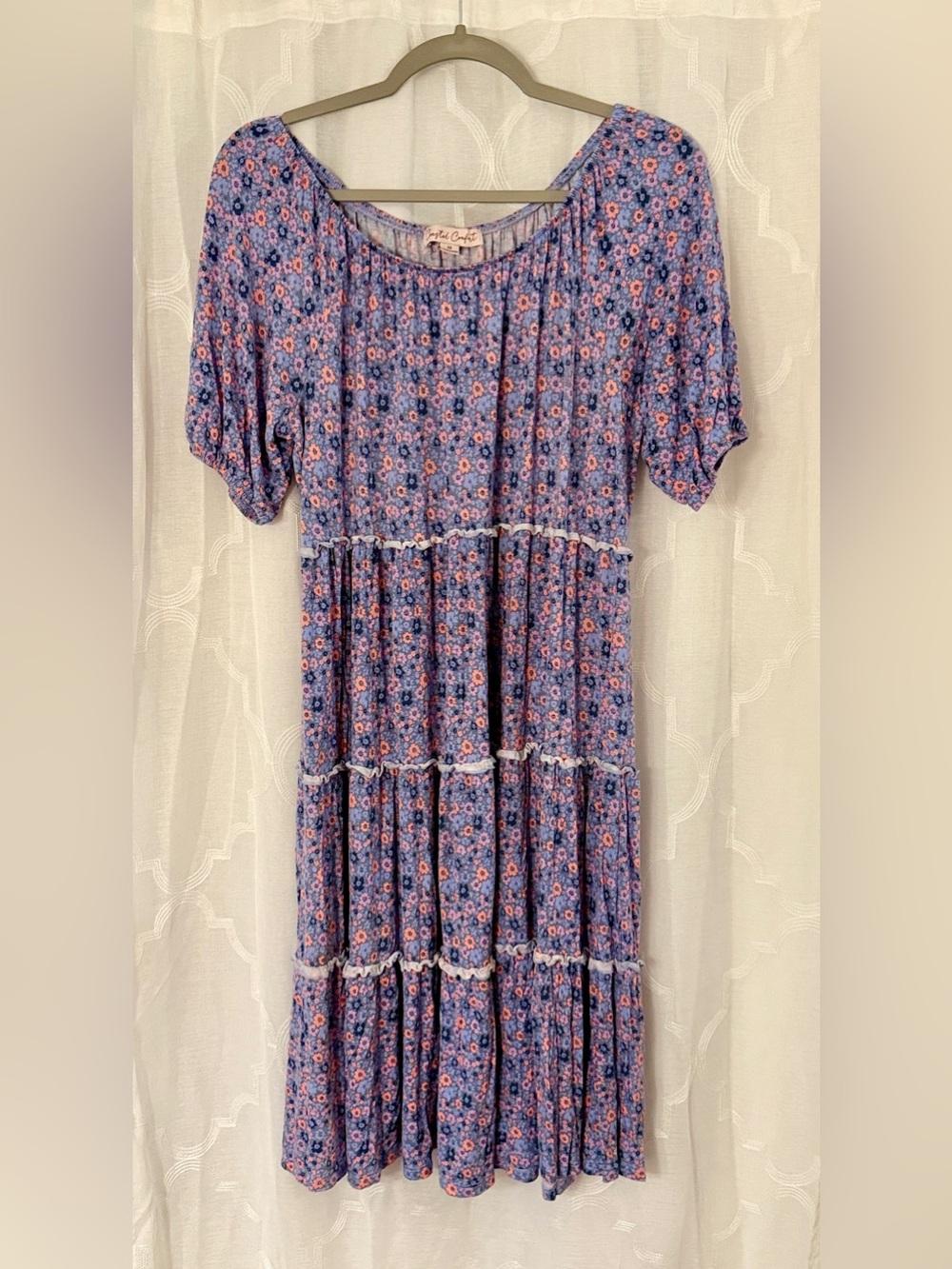 Coastal Comfort Purple Floral Tiered Midi Dress Medium Boho Cottagecore